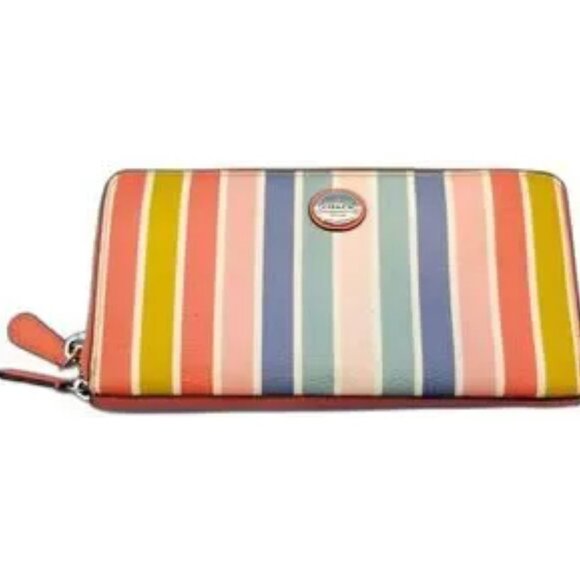COACH Peyton Signature C Khaki /Pink Salmon Accordion Zipper Wallet Clutch - Picture 1 of 5